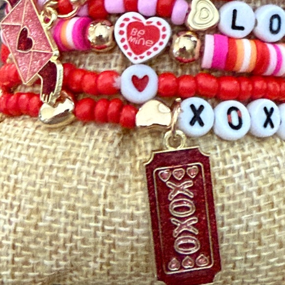 Red and Pink Beaded Charm Bracelet Set Stack - Picture 3 of 4
